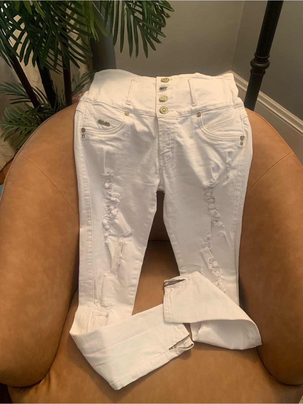 High-Waisted White Distressed Women’s Jeans